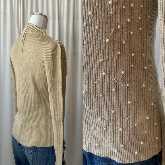 Vintage Silk Belldini Pearl Embellished Metallic Ribbed Mock neck sweater large - Picture 6 of 8